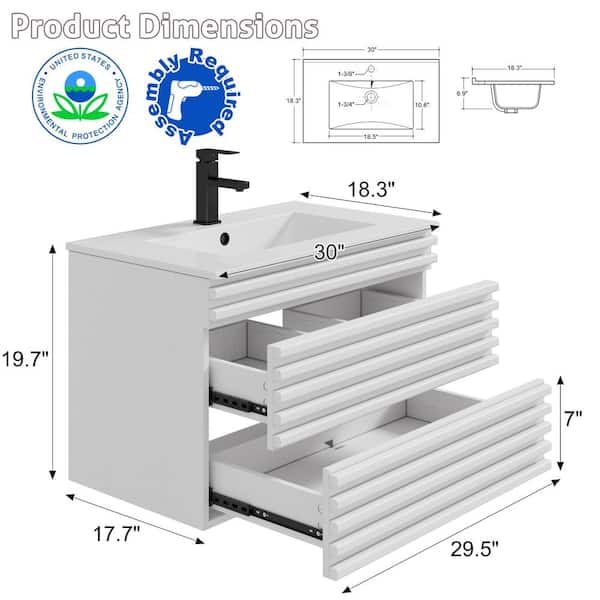 30 in. W x 18.3 in. D Single Sink Floating White Bath Vanity with White Integrated Advanced Composite Resin Top
