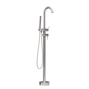 Single-Handle Freestanding Floor Mount Tub Faucet Bathtub Filler with Hand Shower in Brushed Nickel