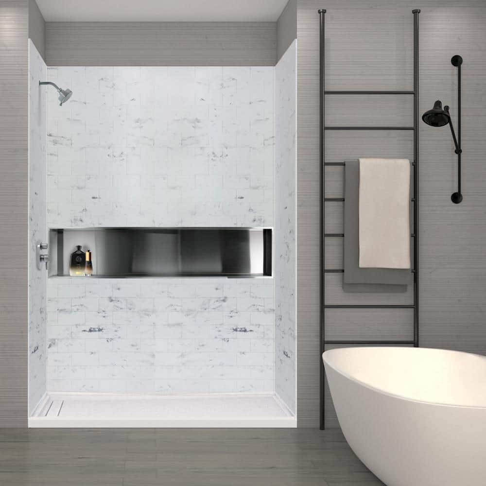 White Venito Subway Tile Adhesive Shower Wall Kit, 36" x 60" x 96"