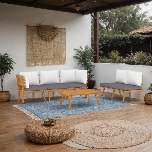 Benjara 5-Piece Brown Wood Outdoor Sectional Sofa with White and Gray Cushions and Table