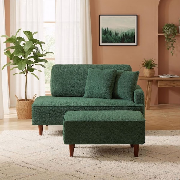 Willa Modern Green Boucle Polyester Upholstered Chaise Lounge Chair with Ottoman and 2-Throw Pillows