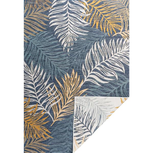 Calypso Coastal Casual Palm Frond Reversible Machine Washable Cream/Navy 8 ft. x 10 ft. Indoor/Outdoor Area Rug