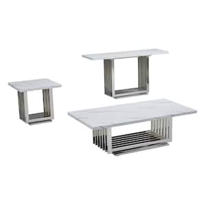 Magda 55 in. White Rectangle Marble Top Coffee Table Set with Stainless Steel Base 3 Pieces