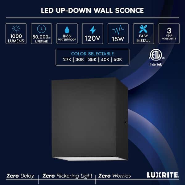 4.72 in. Black LED Up and Down Vanity Light 5 Color Options 15-Watt, 1000 Lumens, ETL Listed, IP65 Waterproof (1-Pack)