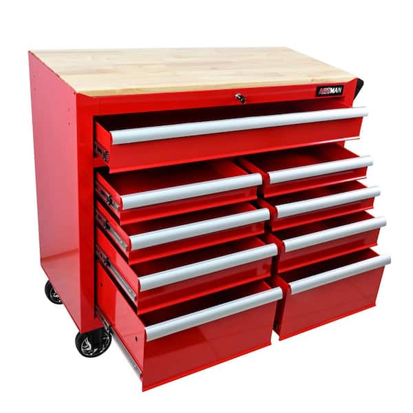 42.1 in. W x 18 in. D 9-Drawer Red Steel Rolling Tool Cabinet