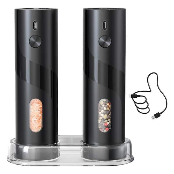 Rechargeable Electric Salt and Pepper Grinder Set with Adjustable Coarseness, 110ml Capacity and LED Light, Black