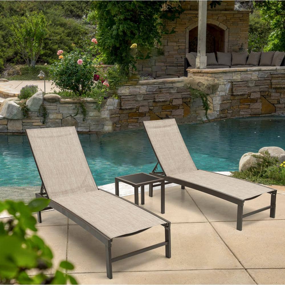 3-Piece Beige Aluminum Adjustable Outdoor Chaise Lounge Set