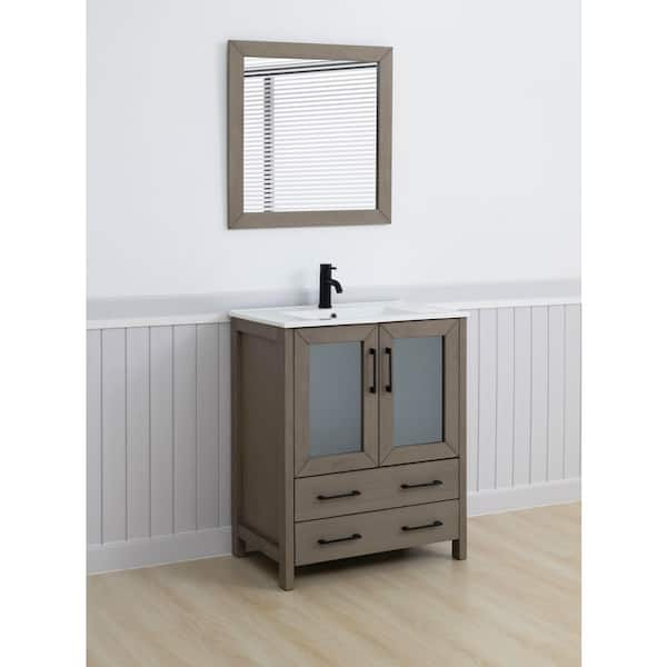30 in. W x 18 in. D x 36 in. H Driftwood Gray Bath Vanity with White Ceramic Top and Mirror