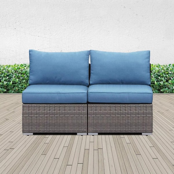 AUTMOON 2-Piece Wicker Patio Armless Sofa, Outdoor Sectional Furniture with Cushions, Additional Loveseat for Garden Backyard
