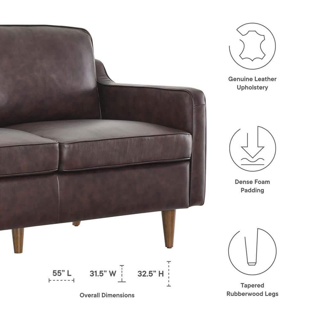 Mid-Century Genuine Leather Brown Loveseat with Walnut Legs