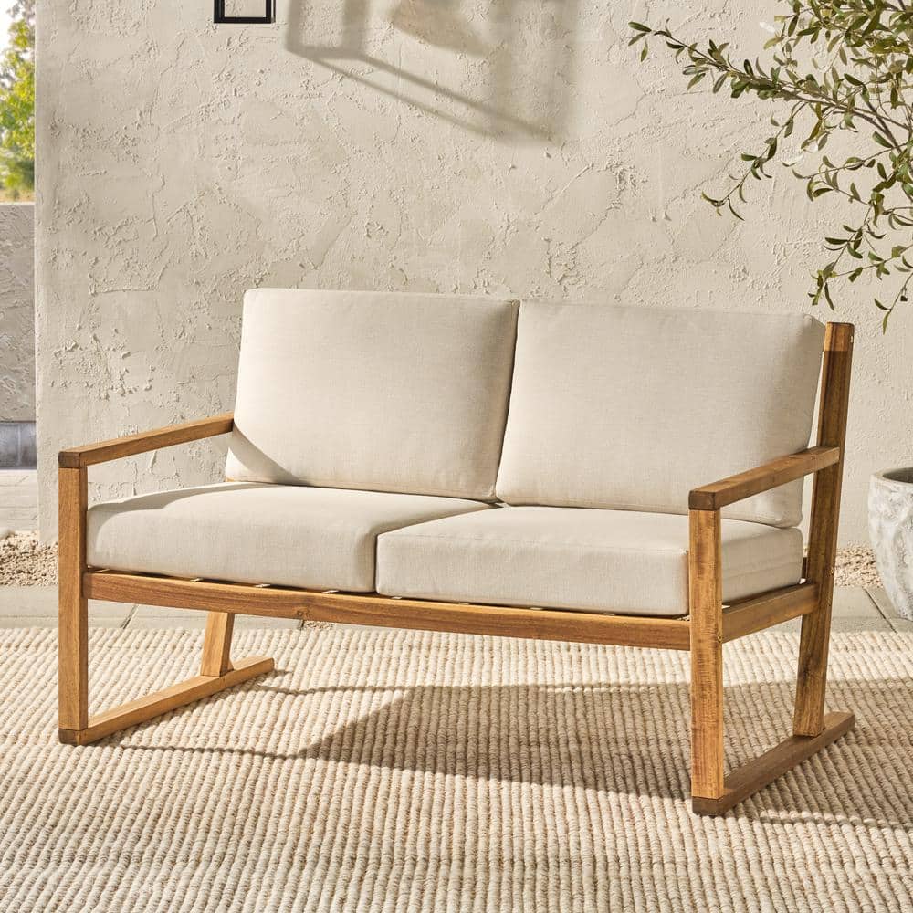 White Upholstered Solid Acacia Wood 2-Seater Loveseat