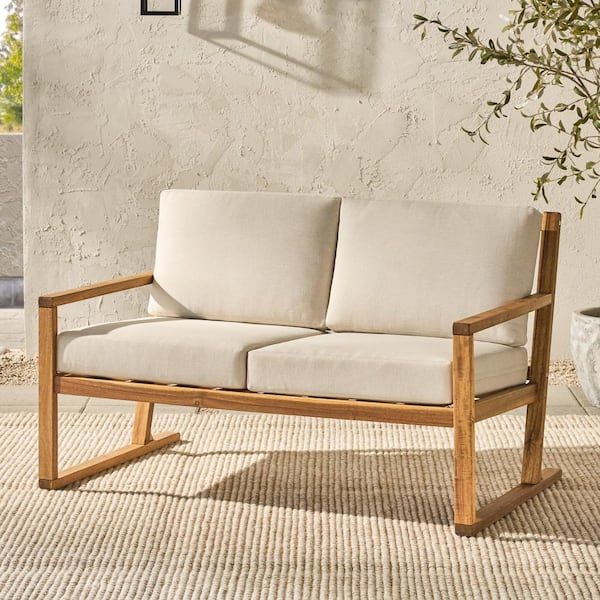 Natural Slatted Wood Modern Outdoor Loveseat with Bisque Cushions