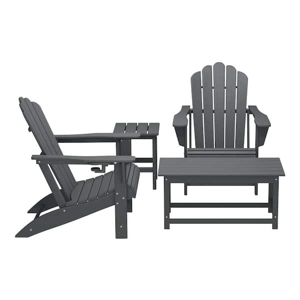 Aderson 4-Piece All Weather Outdoor Patio Gray Plastic Adirondack Cup Holder Chairs and Table Converstation Set