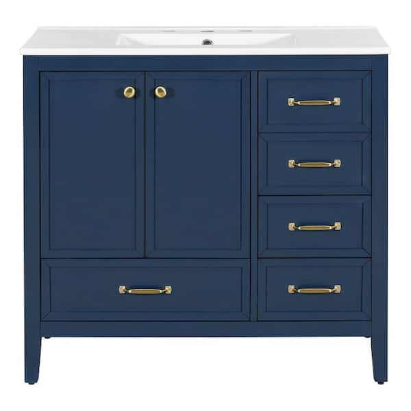36 in. Freestanding Blue Bath Vanity with White Ceramic Top, 4 Drawer and 2 Door Bathroom Storage Cabinet Unassembled