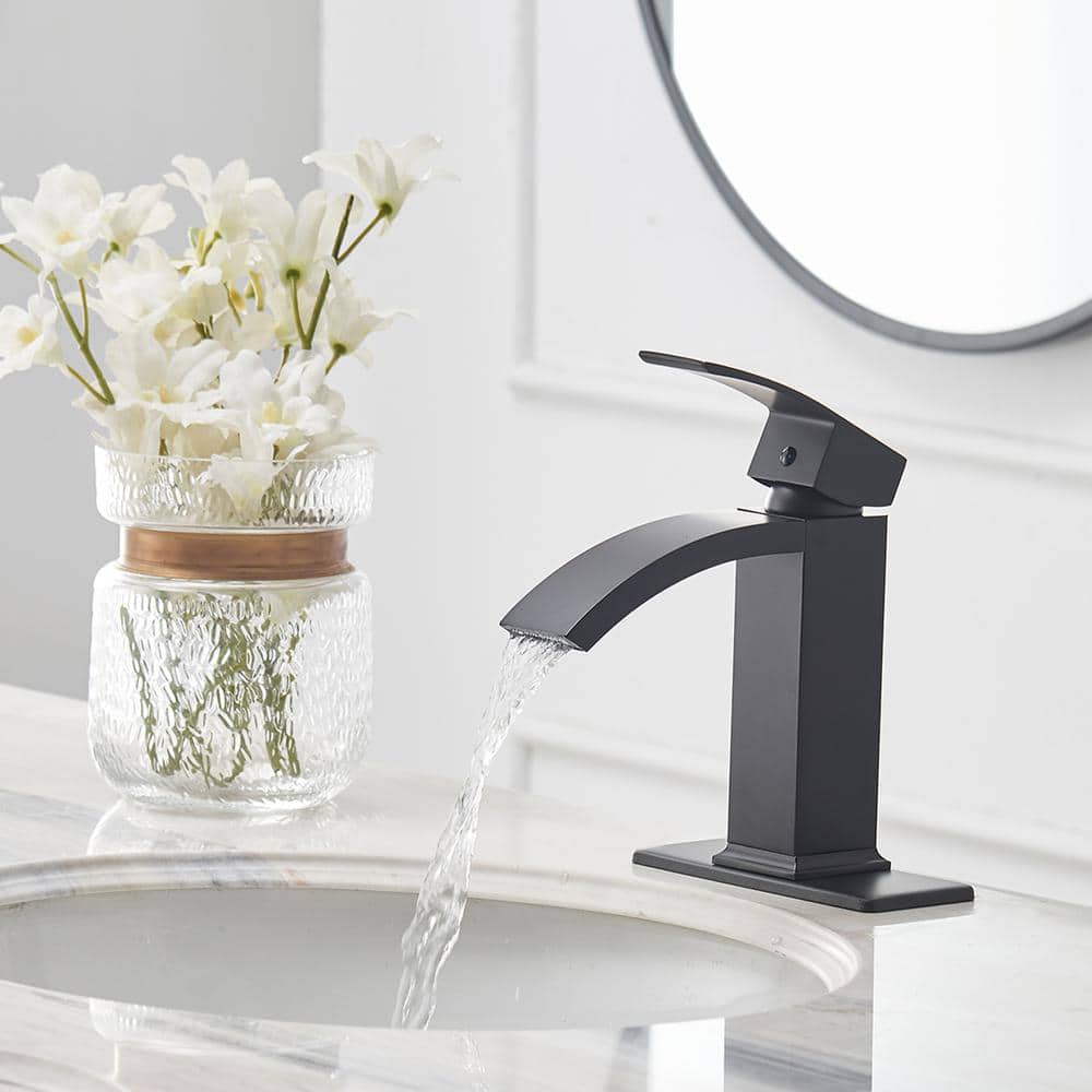 Matte Black Single-Handle Waterfall Bathroom Faucet with Pop-Up Drain