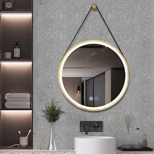28 in. W x 28 in. H Round Metal Framed Wall Mounted Anti-Fog Bathroom Vanity Mirror with LED Lights and PU Belt in Gold