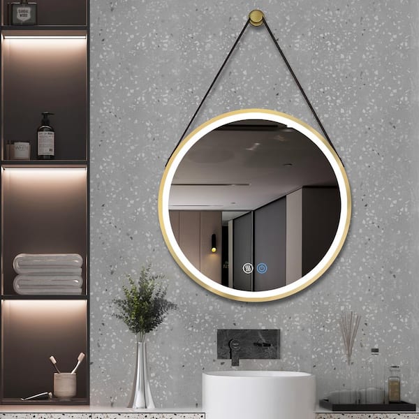 Aoibox 28 in. W x 28 in. H Round Metal Framed Wall Mounted Anti-Fog Bathroom Vanity Mirror with LED Lights and PU Belt in Gold
