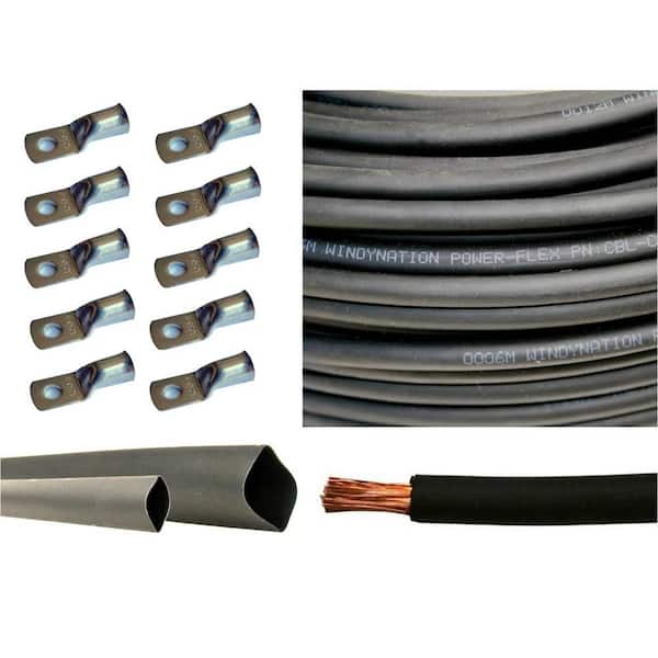 WindyNation 25 ft. 2/0 AWG Black with 10-Piece of 3/8 in. Tinned Copper Cable Lug Terminal Connectors and 3 ft. Heat Shrink Tubing