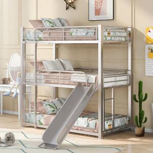 Silver Twin Size Triple Bunk Bed with Built-in Long Ladder and Slide