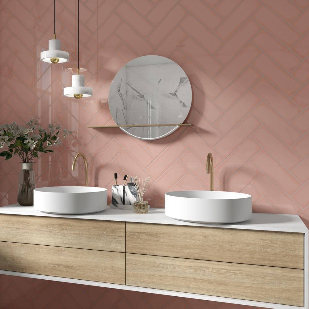 Pink Polished Porcelain Subway Wall Tile 3.93 x 11.81 in