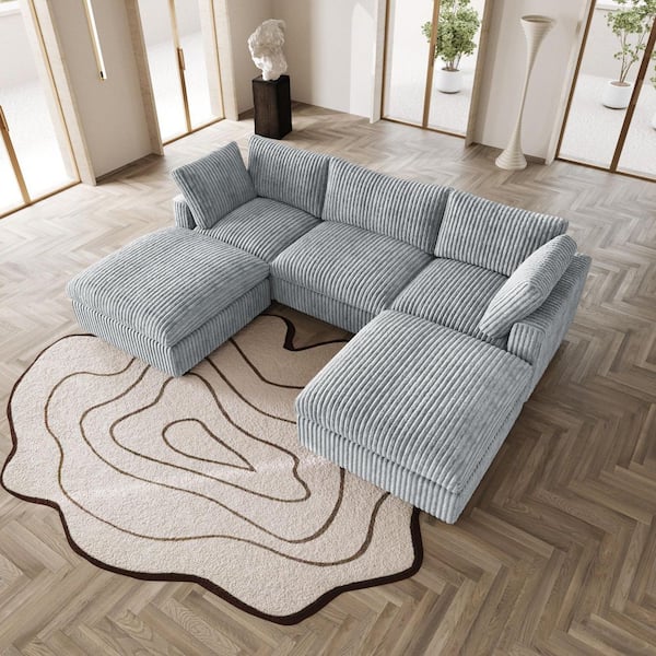 J&E Home 118.1 in. Rabbit Plush Fabric Square Arm 5-Piece Modular Free Combination Sectional Sofa in Gray