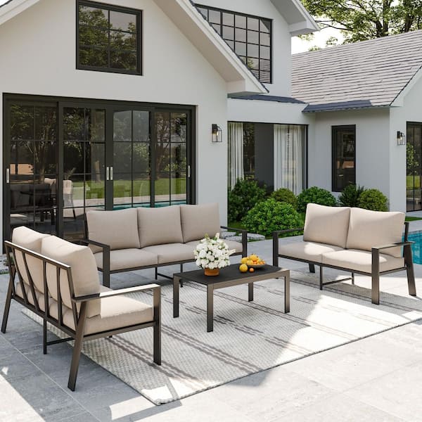 Poteban Gray Aluminum Frame 4-Piece 7-Person Outdoor Conversation Set with Beige Cushions