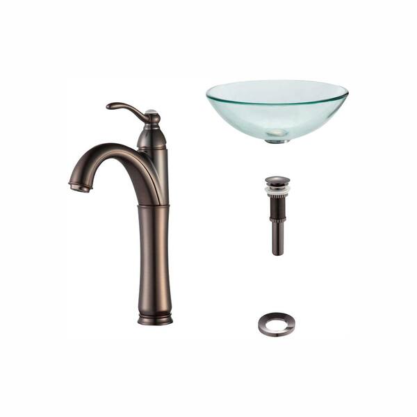 KRAUS Glass Vessel Sink in Clear with Riviera Faucet in Oil Rubbed Bronze