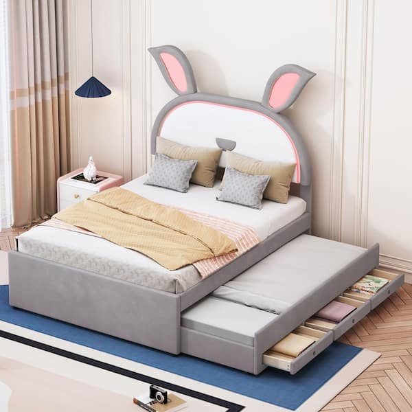 Harper & Bright Designs Gray Wood Frame Full Velvet and PU Leather Upholstered Platform Bed with Rabbit Ears, 3 Drawers, Twin Trundle, LED Light