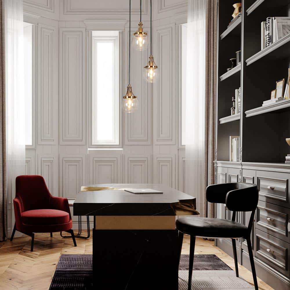 Matte Black and Gold 3-Light Glass Pendant Chandelier