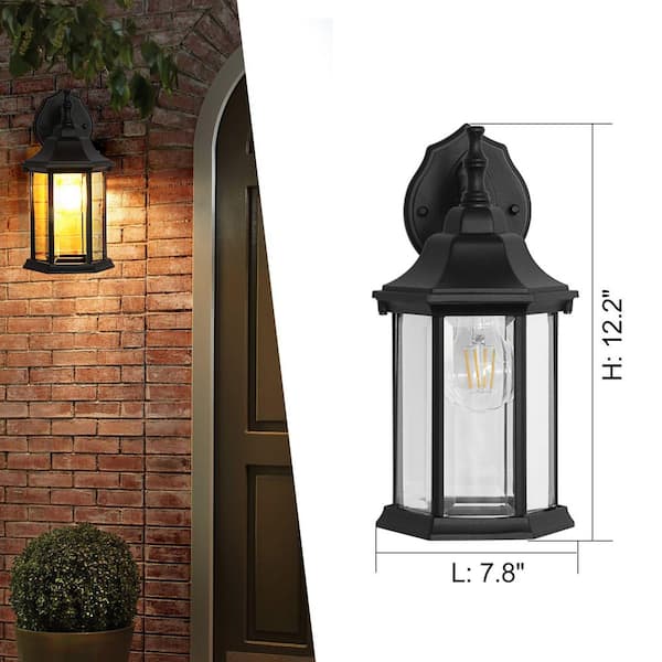 1-Light 12.2 in. Black Hardwired Outdoor Wall Light Lantern Porch Sconce with Clear Glass with Bulbs Included (2-Pack)