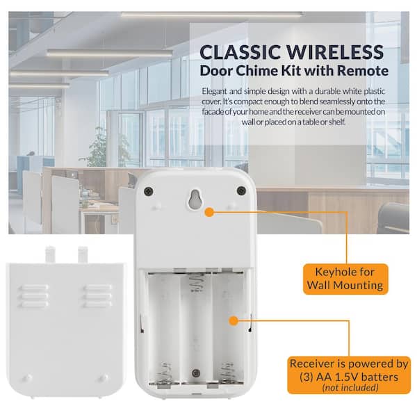 Newhouse Hardware Wireless Door Chime Kit with Remote, 250 ft. Operating Range, Push Button, 32 Chimes, White WCMB