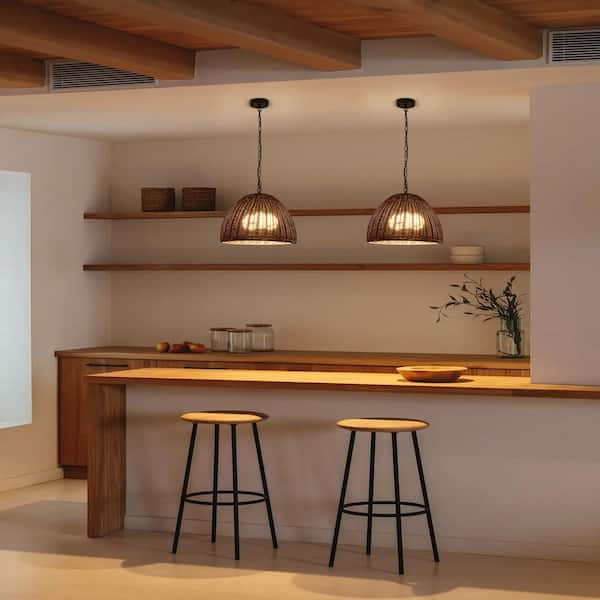Boho 60-Watt 3-Light Black Farmhouse Bowl Pendant Light with Brownish Red Rattan Shade