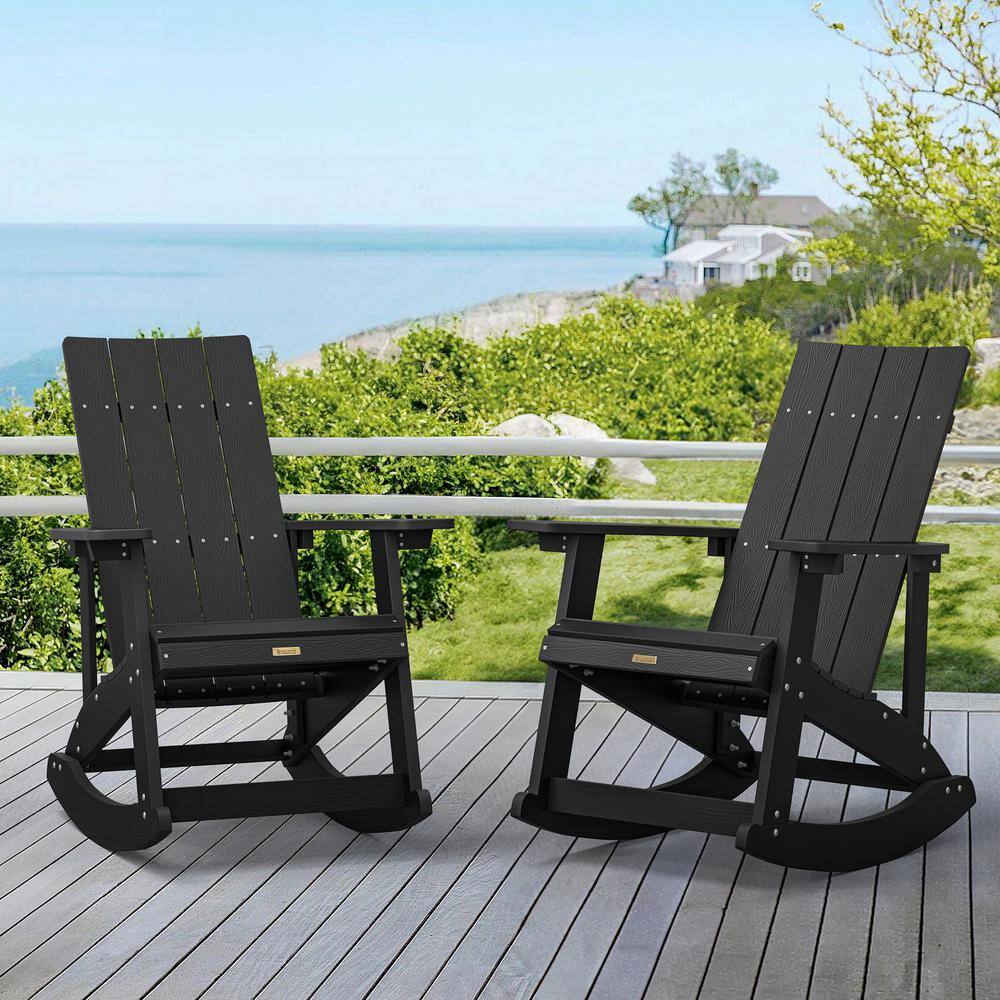 LUE BONA Doda Black Plastic Adirondack Rocking Chair Porch Rockers
