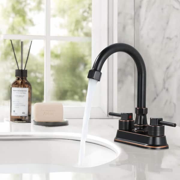 4 in. Centerset Double Handle High Arc Bathroom Sink Faucet with Pop Up Drain in Oil Rubbed Bronze