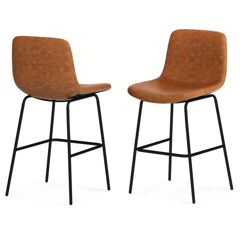 Contemporary Camel Brown Faux Leather Counter Stool with Black Metal Base