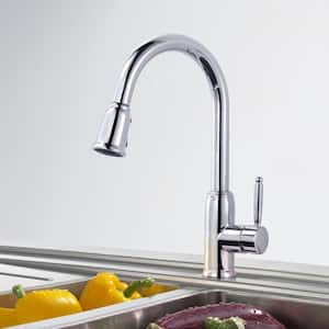 Single Handle Deck Mount Gooseneck Pull Down Sprayer Kitchen Faucet with Deckplate Included in Polished Chrome