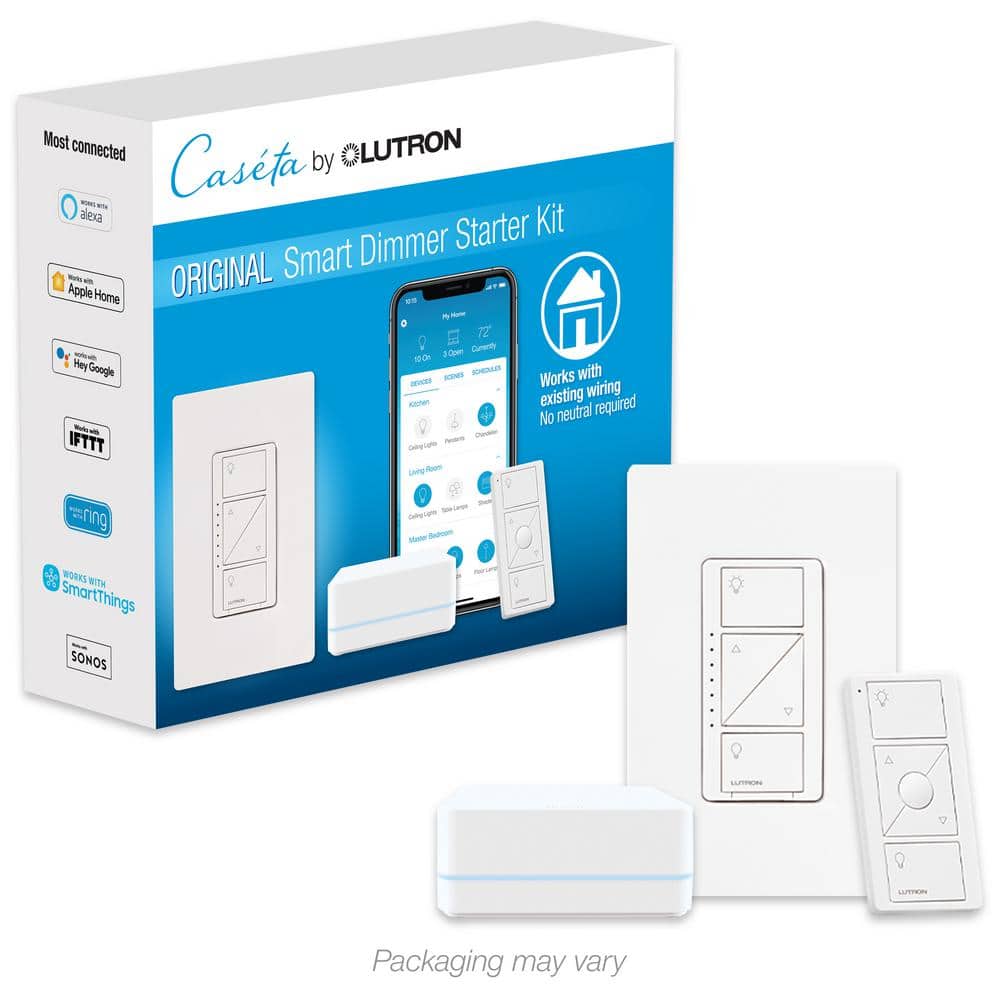 Caseta Smart Lighting Dimmer Switch Starter Kit with Smart Hub (), White - Lutron P-BDG-PKG1W