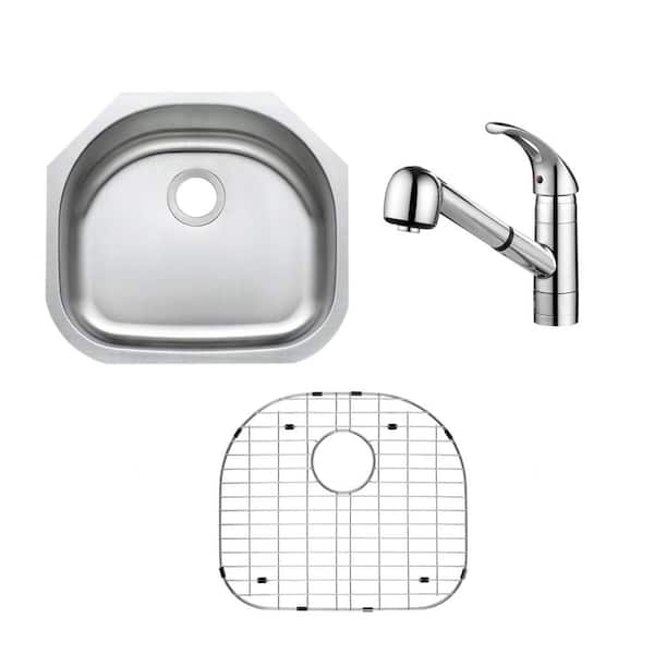 23 in. Undermount Single Bowl 18-Gauge Stainless Steel D-Shape Kitchen Sink with Pull-Out Polished Chrome Kitchen Faucet