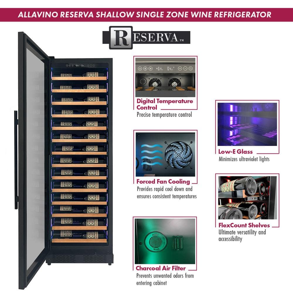 Allavino 67 Bottle Black Single Zone Wine Refrigerator with LED Lighting