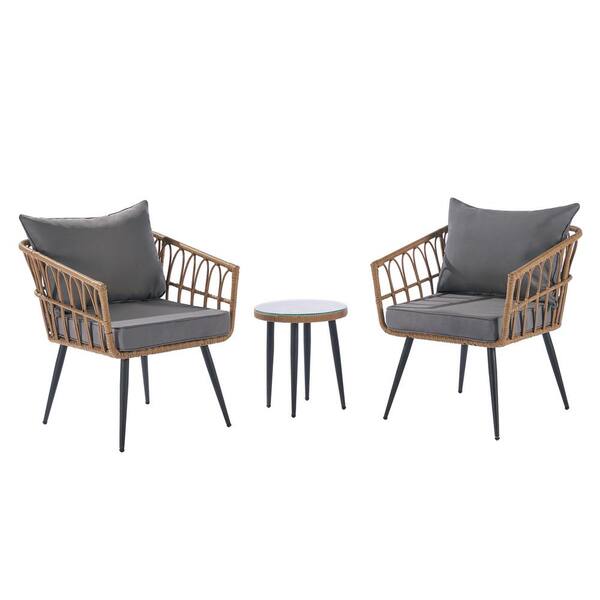 Sudzendf 3-Piece Wicker Patio Conversation Set with Dawn Gray Cushions