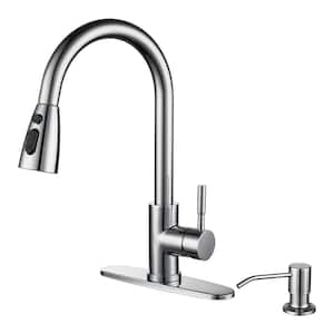 Single Handle Pull Out Sprayer Kitchen Faucet Deckplate and Soap Dispenser Included in Polished Chrome
