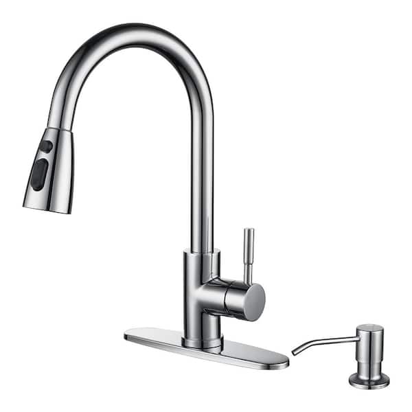 IVIGA Stainless Steel Single Handle Pull Down Sprayer Kitchen Faucet with 3-Mode Spray, Soap Dispenser in Polished Chrome