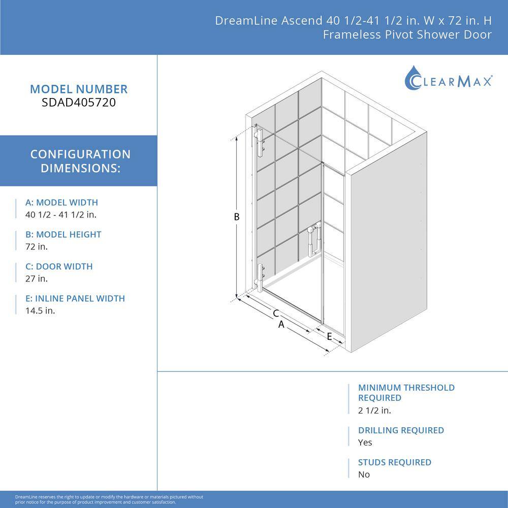 DreamLine Ascend Frameless Brushed Nickel Pivot Shower Door