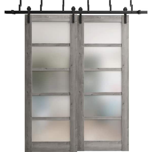 Sartodoors 48 in. x 84 in. 2 Panel Frosted Glass Nebraska Grey Solid MDF Sliding Barn Door with Hardware Kit