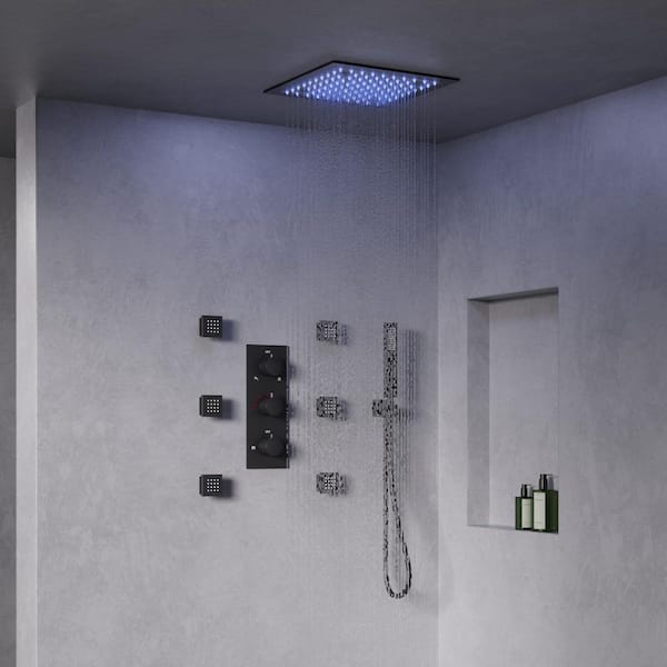 GRANDJOY Full Spectrum LED 12 in. Triple Handle 5-Spray Ceiling Mount Shower Faucet 2.5 GPM with Body Spray in Matte Black