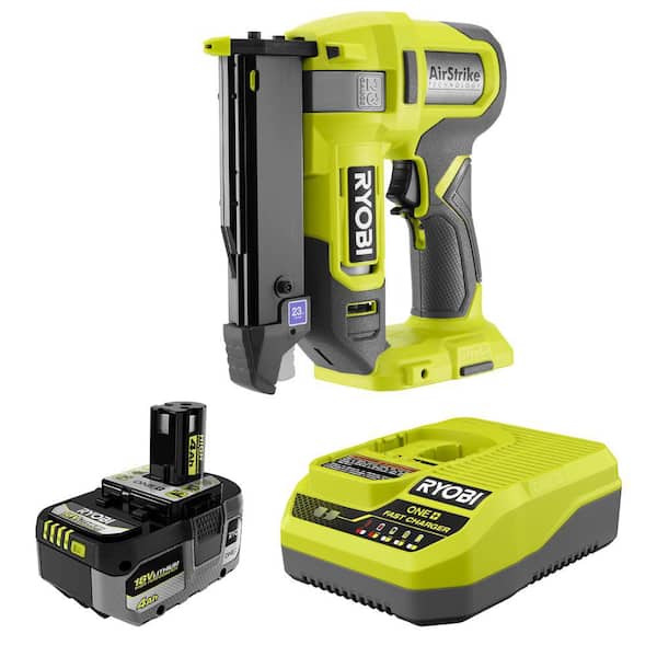 RYOBI ONE+ 18V Cordless Airstrike 23-Gauge Pin Nailer with 18V HIGH PERFORMANCE 4.0 Ah Battery and Charger