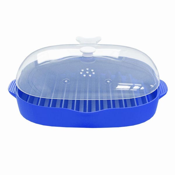 Polyethylene Microwave Bacon Rack 1 Piece Blue Silicone with Grease Catching Mat and Splatter Lid for Oil-Free Cooking