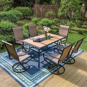 Black 7-Piece Metal Rectangle Patio Outdoor Dining Set with Geometric Table and Textilene Swivel Chairs