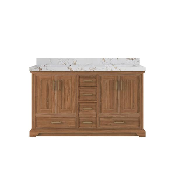 Willow Collections Charlotte Teak 60 in. W x 22 in. D x 36 in. H Double Sink Bath Vanity in Dark Natural with 2 in. Viola Gold Top