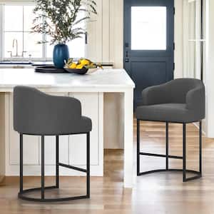 Crystal Charcoal Gray 26inCounter Height Fabric Upholstered Bar Stool Kitchen Island Stool With Black Metal Frame 2-pack